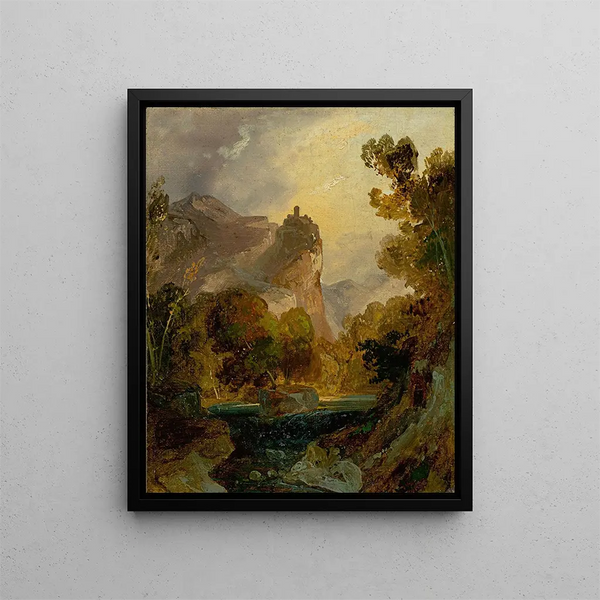 Vue d'une vallée fluviale dans les montagnes avec un château sur un haut rocher - Carl Blechen — indrammet kunstværk på væggen