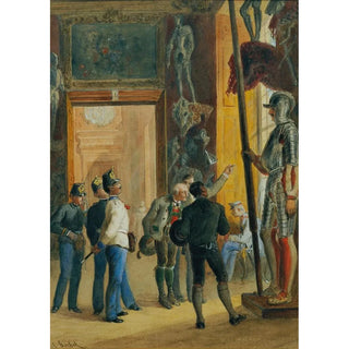 Carl Goebel the younger - sterreichische Offiziere und zwei Tiroler besichtigen die Ambraser Sammlung im Unteren Belvedere.webp
