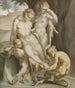 En satyr, en ond og to fauner, der er optaget af at trække en pæl ud - Carl Gustaf Klingstedt — visning af kunstværket