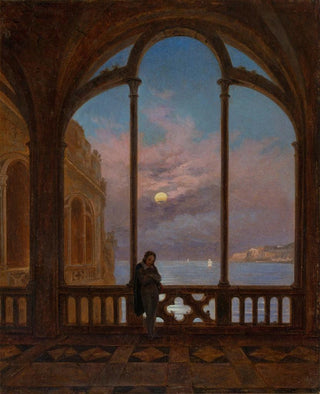 Carl Gustav Carus - Mondnacht am italienischen Meer mit einem versunkenen Leser am gotischen Fenster.webp