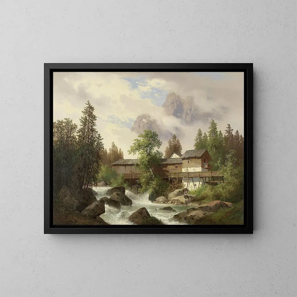 Landskab med savværk - Carl Hasch — indrammet kunstværk på væggen