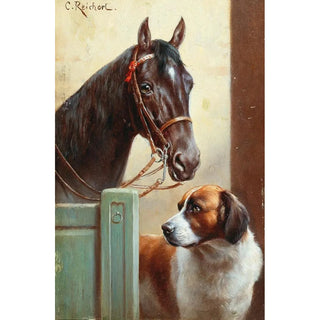 Carl Reichert - Friends a bay and a St Bernard in a stable.webp