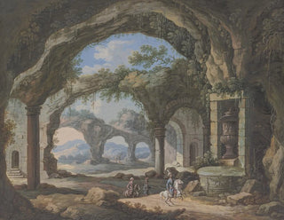 Carl Sebastian von Bemmel - Inneres einer sulengesttzten Grotte darin in einer Nische eine groe Vase.webp