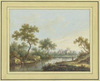 Carl Sebastian von Bemmel - Landschaft mit einem Flu an dessen von Bumen bestandenem Ufer rechts ein Angler steht.webp