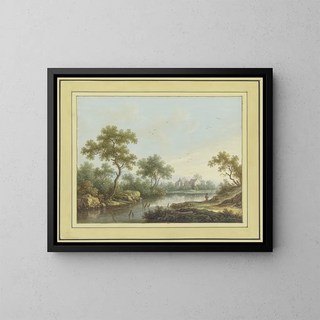 Carl Sebastian von Bemmel - Landschaft mit einem Flu an dessen von Bumen bestandenem Ufer rechts ein Angler steht.webp