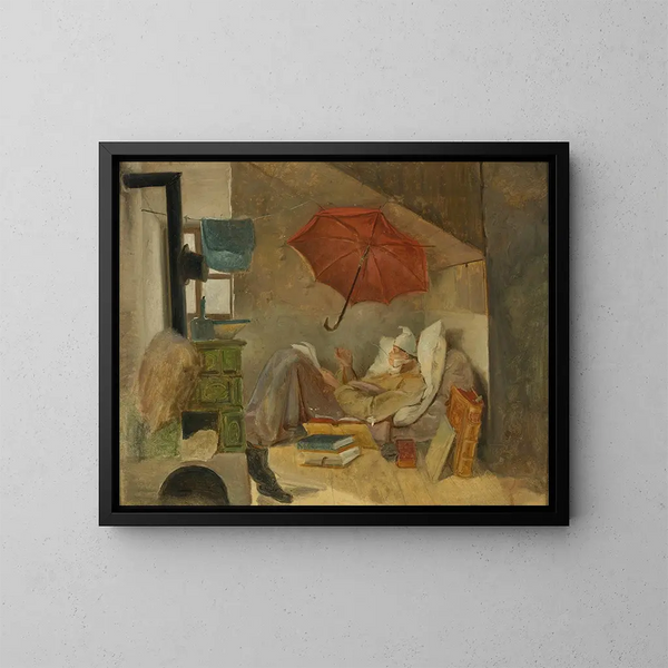 Den fattige digter - Carl Spitzweg — indrammet kunstværk på væggen