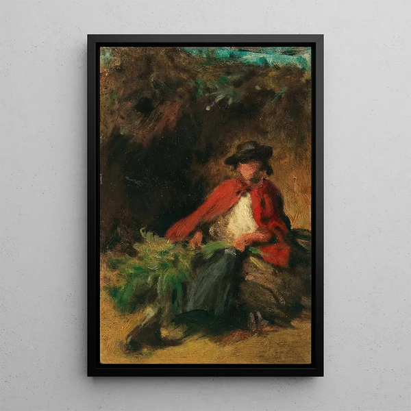 Reproduktion af maleriet af en ung pige, der sidder med en rød frakke, en hare foran hende - Carl Spitzweg