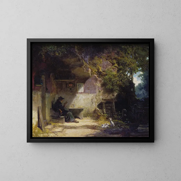 Den eremitt foran sin tilbagetrækning - Carl Spitzweg — indrammet kunstværk på væggen