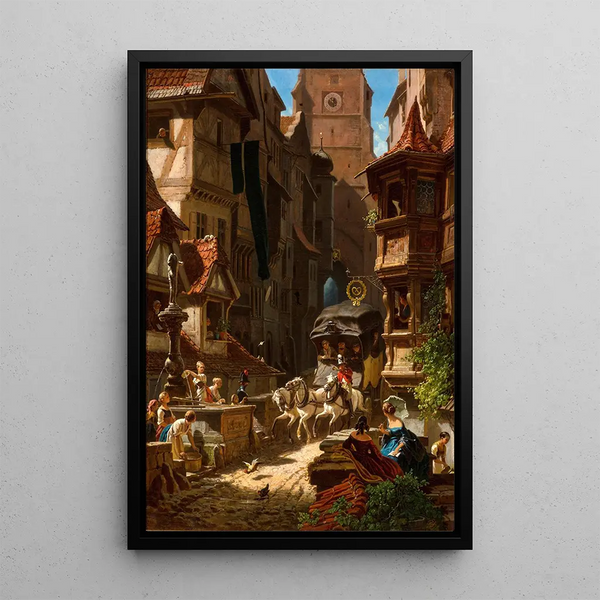 L'arrivée de la diligence - Carl Spitzweg — indrammet kunstværk på væggen