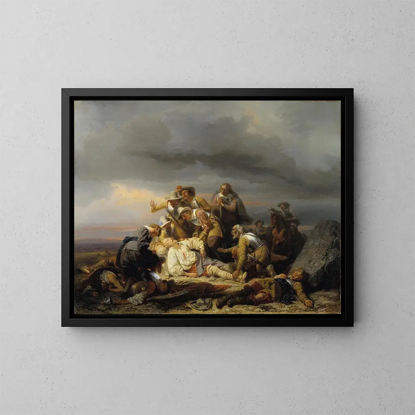 La découverte du corps du roi Gustave II Adolphe de Suède après la bataille de Lützen - Carl Wahlbom — indrammet kunstværk på væggen
