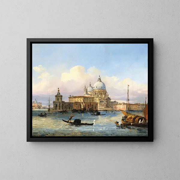 Venedig, indgangen til Grand Canal med Santa Maria della Salute og Punta della Dogana - Carlo Grubacs — indrammet kunstværk på væggen