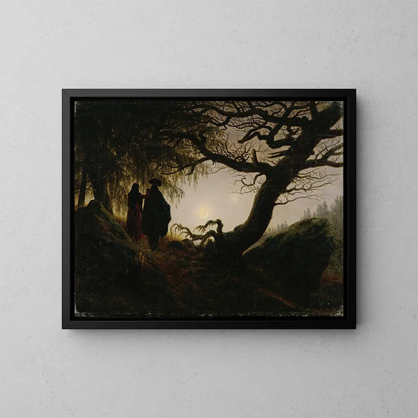 Mand og kvinde, der betragter månen - Caspar David Friedrich — indrammet kunstværk på væggen