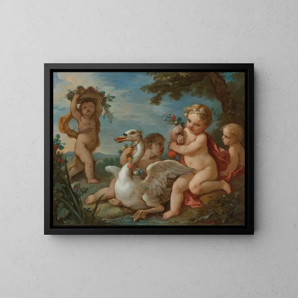 Putti, der pryder en svane med en blomsterkrans - Charles-Joseph Natoire — indrammet kunstværk på væggen