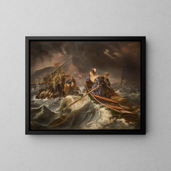 Grace Darling og hendes far redder overlevende fra forliset af Forfarshire på Farne-øerne, 7. september 1838 - Charles Achille d'Hardiviller — indrammet kunstværk på væggen