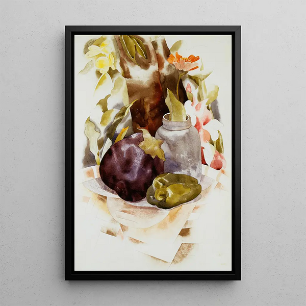 Aubergine og grøn peber - Charles Demuth — indrammet kunstværk på væggen