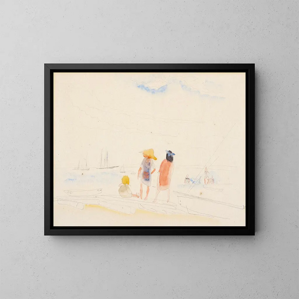 to kvinder og et barn på stranden - Charles Demuth — indrammet kunstværk på væggen