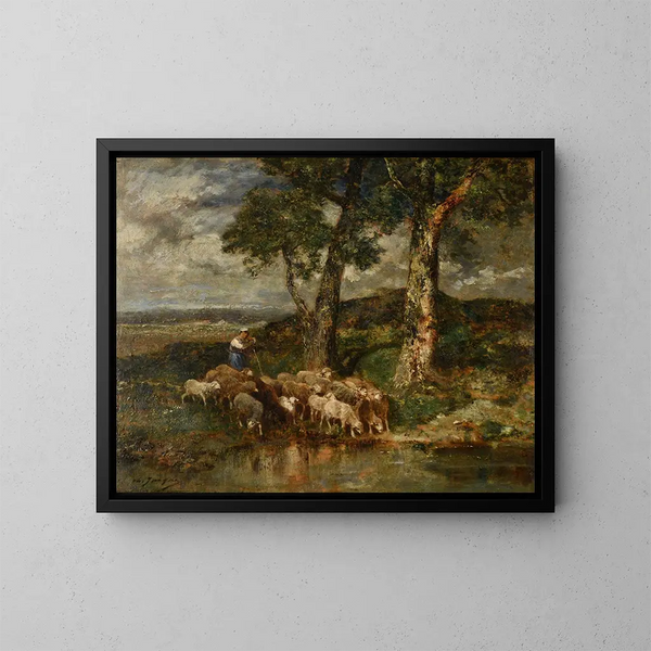Moutons au labreuvoir - Charles Émile Jacque — indrammet kunstværk på væggen