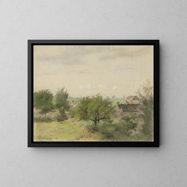 Landskab med huse mellem træer - Charles François Daubigny — indrammet kunstværk på væggen
