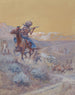 La scenen foran os var blevet angrebet af indianere og brændt. Indianerangreb - Charles Marion Russell — visning af kunstværket