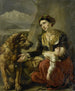 En hund af Saint-Bernard hjælper en fortabt kvinde med et sygt barn - Charles Picqué — visning af kunstværket