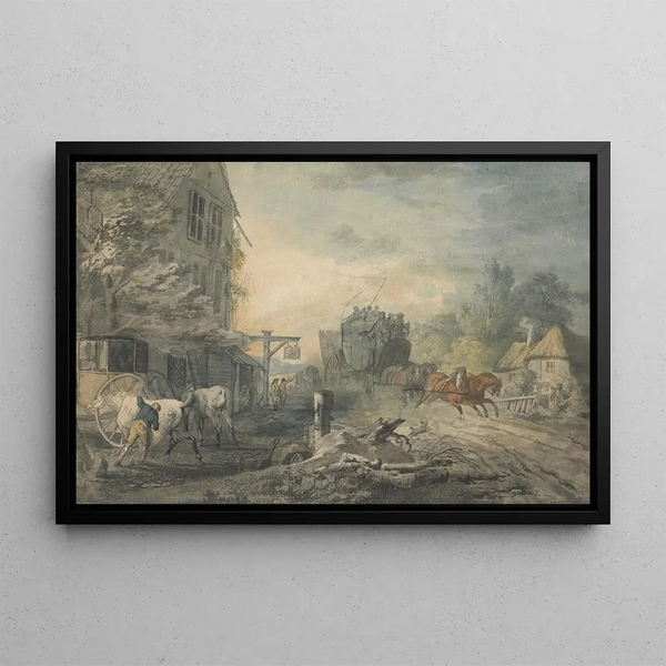 Charles Robertson - A Stagecoach and Four Dashing Through a Village on the BathLondon Road.webp