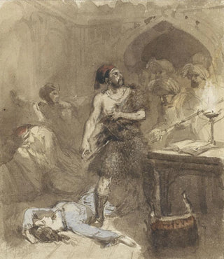 Charles Rochussen - Man en op de grond liggende vrouw in een Moors vertrek.webp