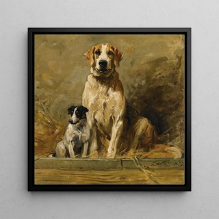 Chien et terrier dans un chenil - John Emms