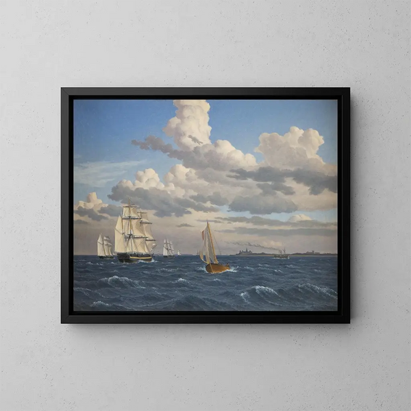 Bateaux dans le Sound au nord du château de Kronborg à Elsinore - Christoffer Wilhelm Eckersberg — indrammet kunstværk på væggen