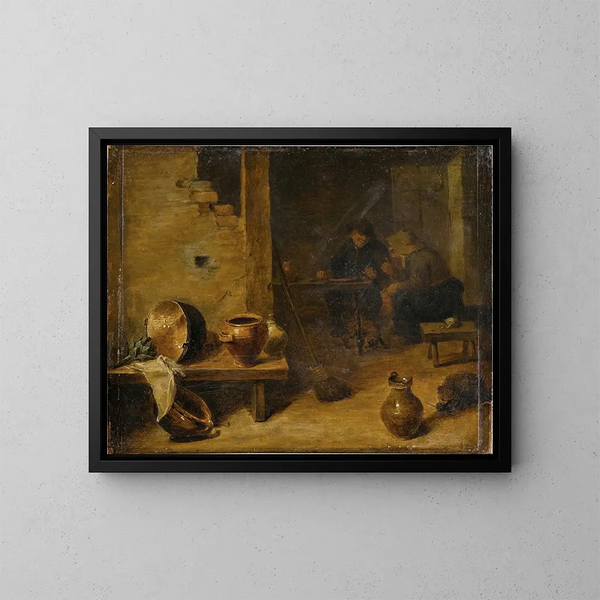 Indendørs tavlemaleri med bønder, der spiser i baggrunden - Cirkel af David Teniers den Yngre — indrammet kunstværk på væggen