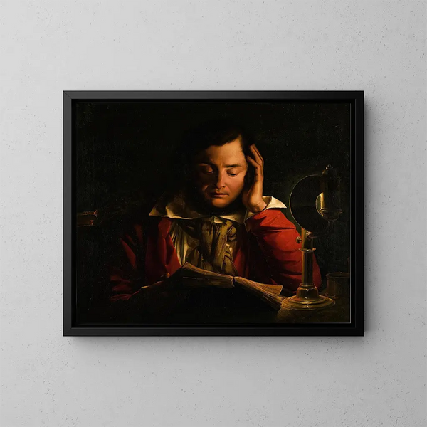 Portrait af en lærde i sit studie - Cirkel af Joseph Wright of Derby — indrammet kunstværk på væggen