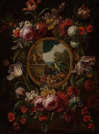 En blomsterkrans omgiver et tondo med en frugtende abe og en papegøje - Cirkel af Karel van Vogelaer — visning af kunstværket