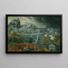 Klassisk landskabsmaleri med skibe, der flygter fra en storm mod en klassisk havn - Cirkel af Maarten van Heemskerck — indrammet kunstværk på væggen