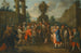 en gade scene med artister fra Commedia dell'arte samlet omkring en abe, en urne i baggrunden - Marco Marcola's kreds — visning af kunstværket