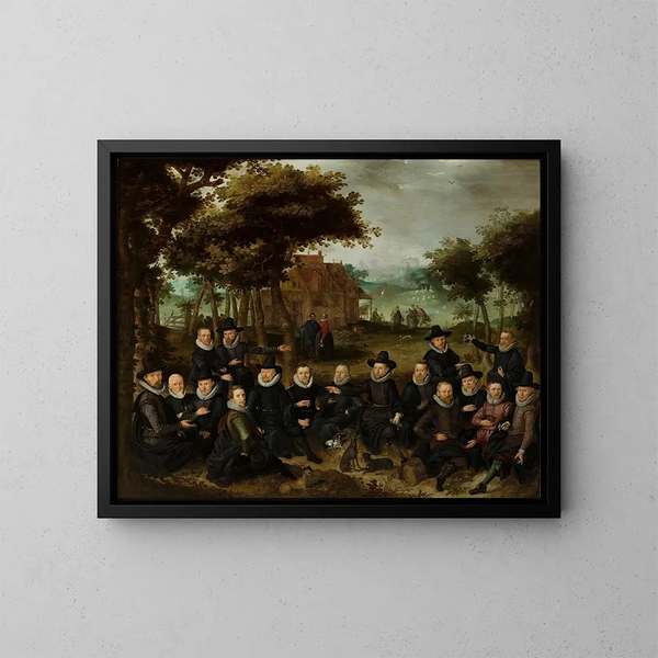 Officerse af den gamle milits i Alkmaar i et landskab - Claes Jacobsz van der Heck — indrammet kunstværk på væggen