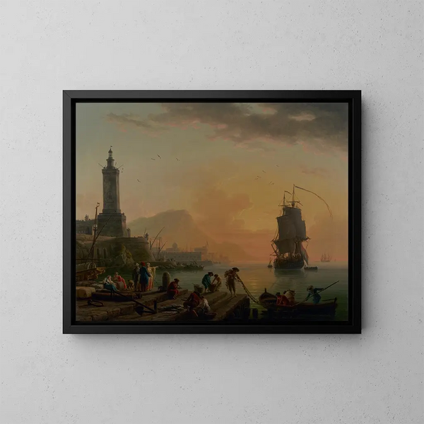 En ro i en middelhavs-havn - Claude-Joseph Vernet — indrammet kunstværk på væggen