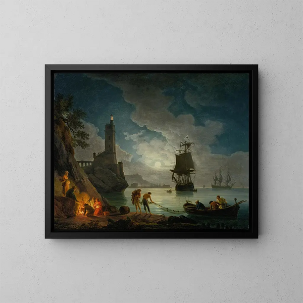 et havneudsigt ved måneskin - Claude-Joseph Vernet — indrammet kunstværk på væggen