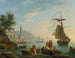 En middelhavsudsigt ved solnedgang med fiskere ved vandkanten, et fyrtårn og et krigsskib ankre i bugten - Claude-Joseph Vernet — visning af kunstværket
