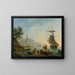 En middelhavsudsigt ved solnedgang med fiskere ved vandkanten, et fyrtårn og et krigsskib ankre i bugten - Claude-Joseph Vernet — indrammet kunstværk på væggen