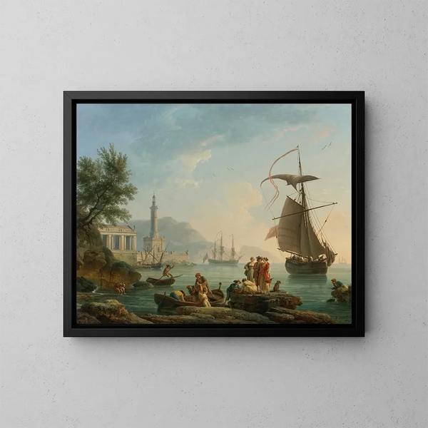En middelhavsudsigt ved solnedgang med fiskere ved vandkanten, et fyrtårn og et krigsskib ankre i bugten - Claude-Joseph Vernet — indrammet kunstværk på væggen