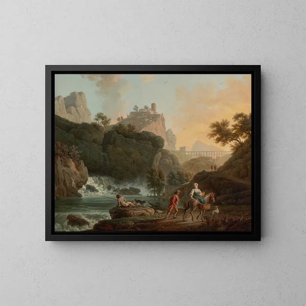Et klippefyldt landskab med en fisker og rejsende nær en flod med et vandfald og en aquedukt i det fjerne - Claude-Joseph Vernet — indrammet kunstværk på væggen
