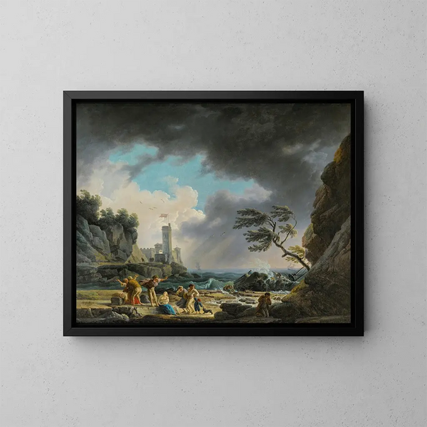 Et storm nær en klippefyldt kyst - Claude-Joseph Vernet — indrammet kunstværk på væggen