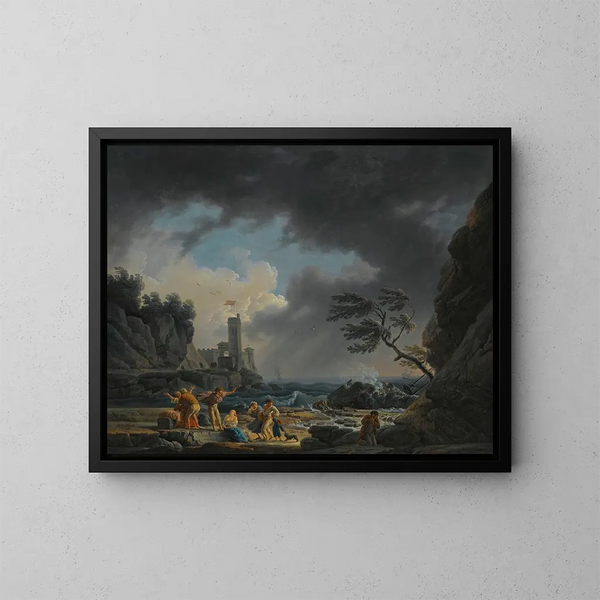 et stormfuldt kystlandskab med figurer på en strand, der er undsluppet et skibsforlis - Claude-Joseph Vernet — indrammet kunstværk på væggen