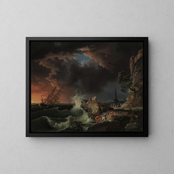 Et skibsforlis med figurer, der går i land - Claude-Joseph Vernet — indrammet kunstværk på væggen