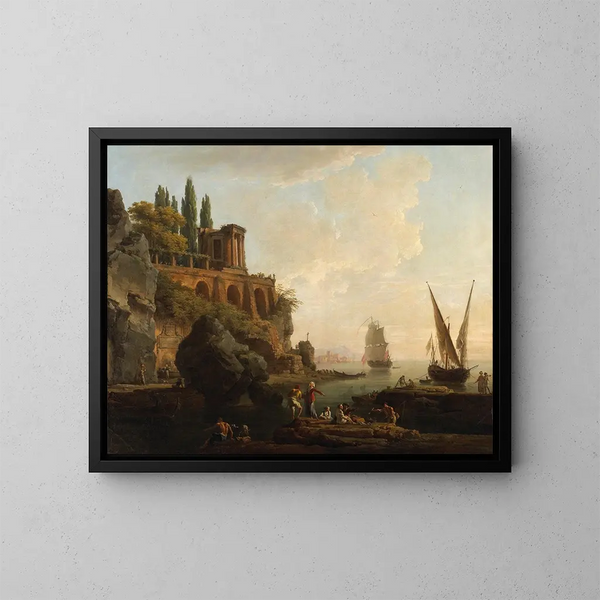 Landskab af en imaginær scene ved en italiensk havn - Claude-Joseph Vernet — indrammet kunstværk på væggen
