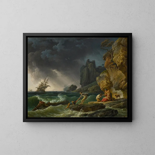 stormfuldt maleri med skibbrudne - Claude-Joseph Vernet — indrammet kunstværk på væggen