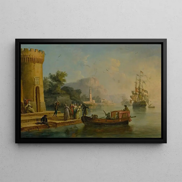 ClaudeJoseph Vernet - View of a Mediterranean port with a group of figures on the shores edge a large ship beyond.webp