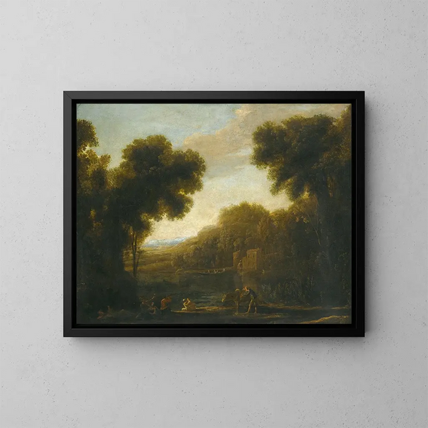 Et flodlandskab med rejsende ved bredden - Claude Lorrain — indrammet kunstværk på væggen