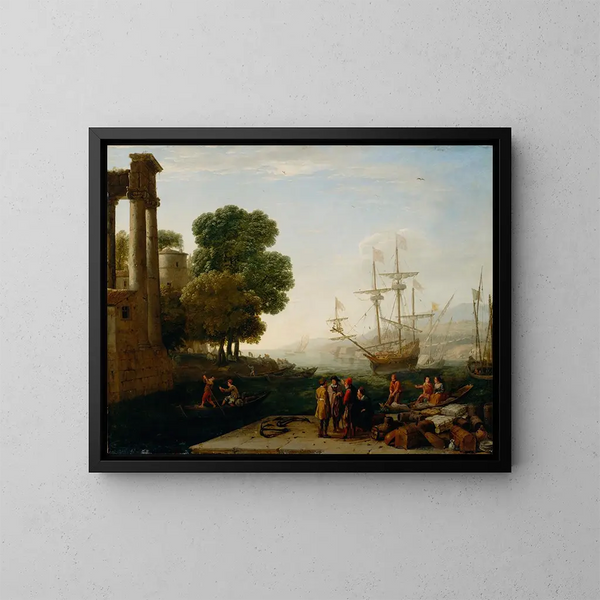 En havn ved solnedgang - Claude Lorrain — indrammet kunstværk på væggen