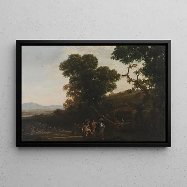 Landskabsmaleri med personer, der krydser en bæk - Claude Lorrain — indrammet kunstværk på væggen