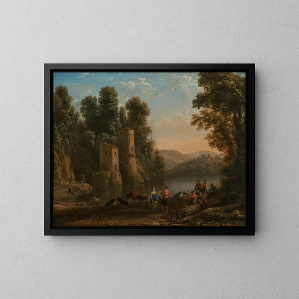 Landskab med hyrder. Dans ved vandkanten - Claude Lorrain — indrammet kunstværk på væggen